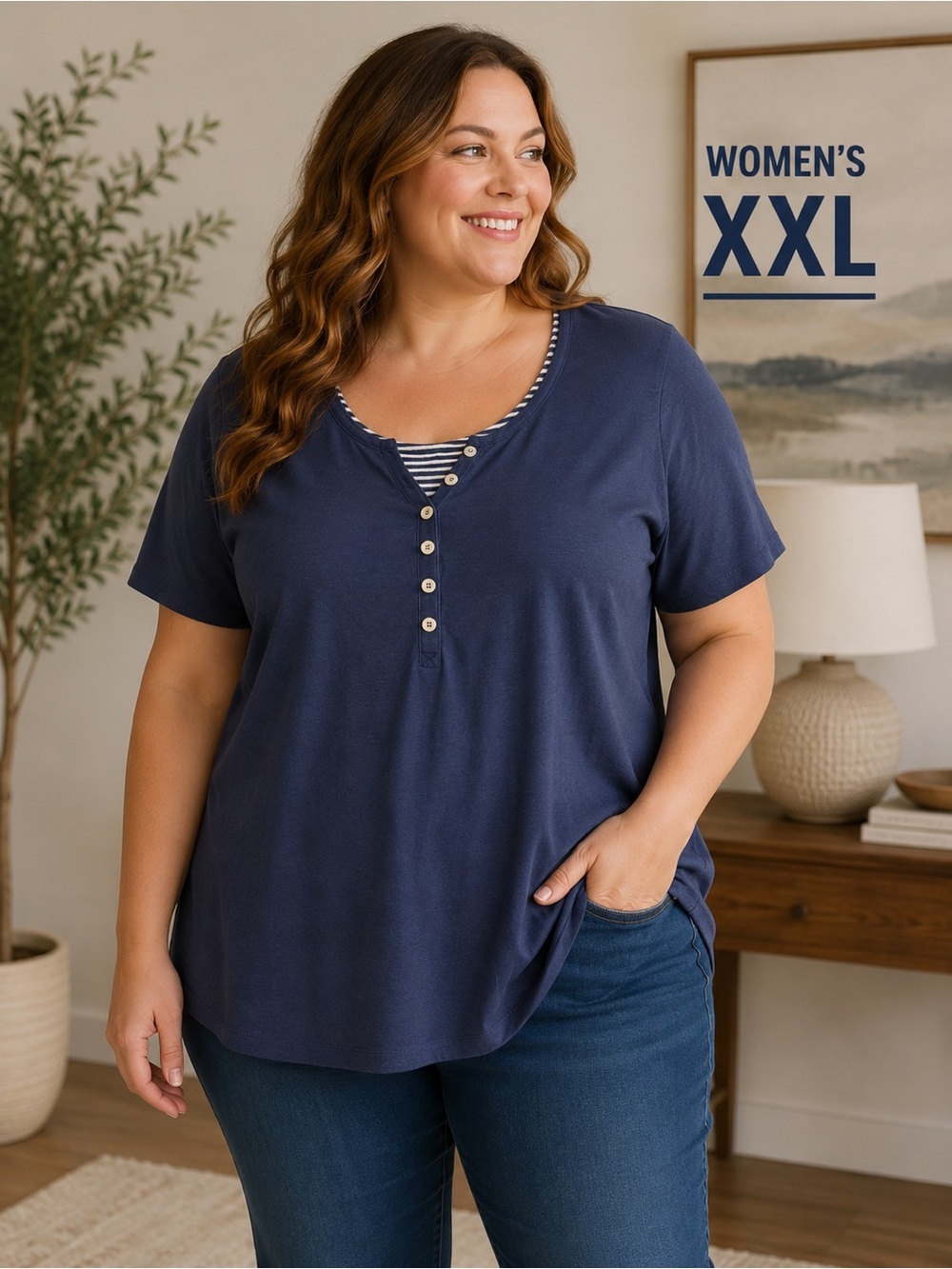 White Stag Navy Short-Sleeve Henley with Striped Scoop XXL